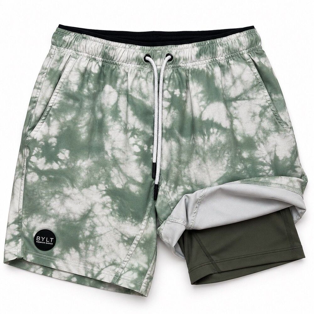 BYLT Men's Active+ Lined Shorts Sage Green Tie Dye 6" Stretch XL